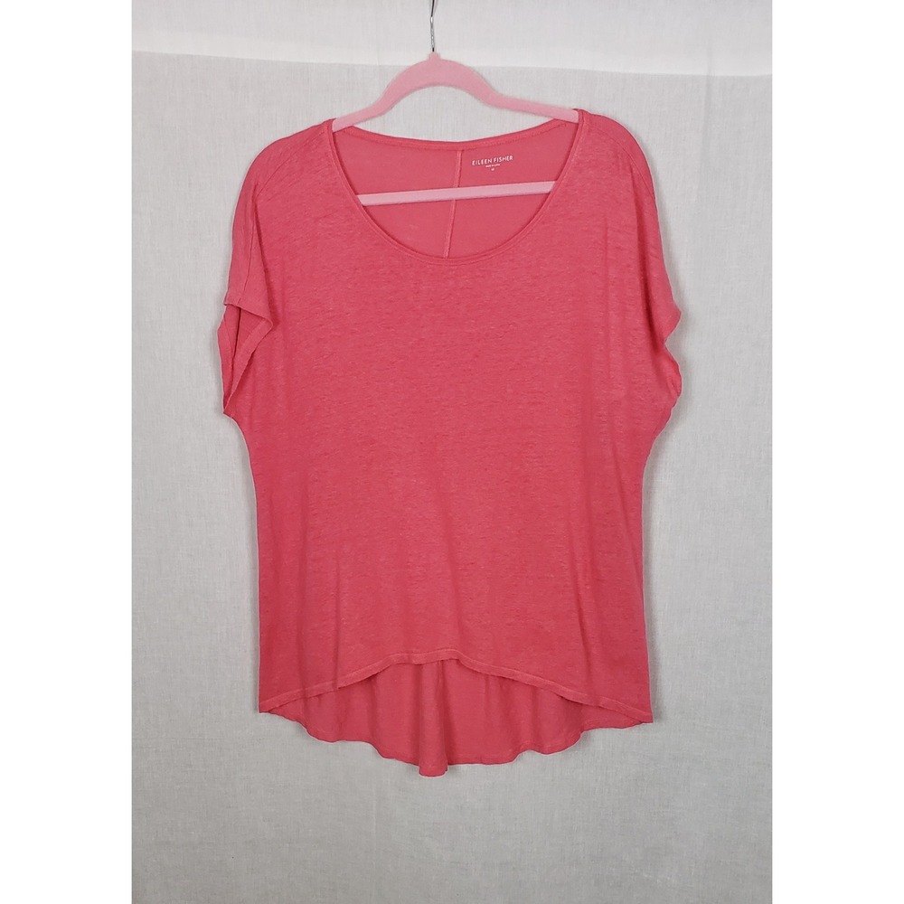 Eileen Fisher Coral Pink 100% Linen Short Sleeve High-Low Tunic Top M Slub Knit